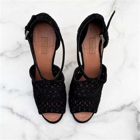 Alaia Laser Cut Perforated Black Suede Peep Toe High Gem