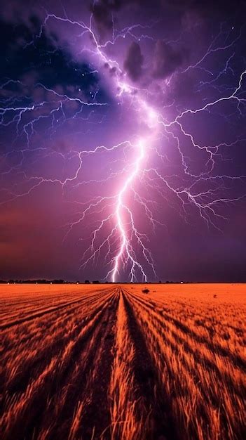 Una tormenta eléctrica púrpura con un cielo púrpura y un campo en el