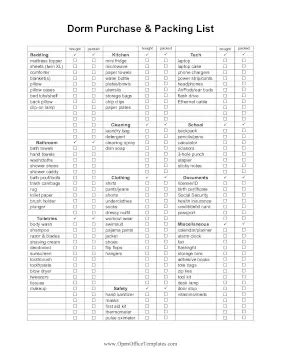 College Dorm Packing List - OpenOffice template