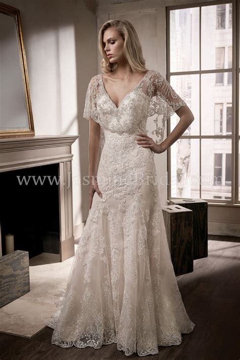 T192008 V Neck Embroidery Lace And Tulle Wedding Dress With Flutter Sleeves