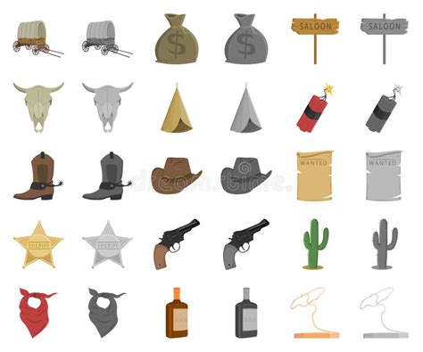 Attributes Of The Wild West Cartoon Monochrom Icons In Set Collection