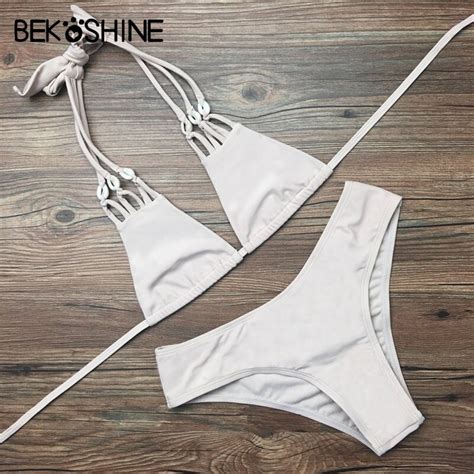 BEKOSHINE Solid Women Shell Bikini Set Bandage Push UP Swimwear Maillot