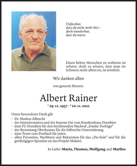 Todesanzeigen Von Albert Rainer Todesanzeigen Vorarlberger Nachrichten