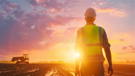 Construction Worker Observing Site at Sunset Stock Illustration ...
