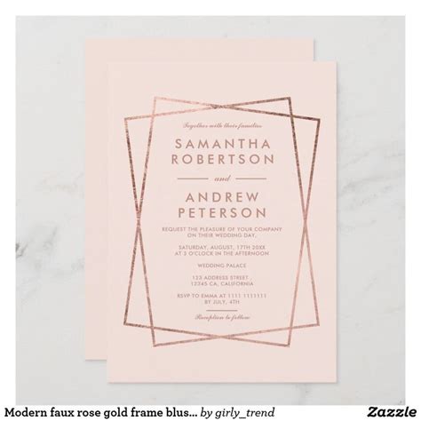 Modern Faux Rose Gold Frame Blush Pink Wedding Invitation Zazzle