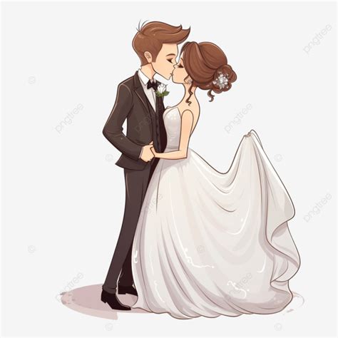 Cute Cartoon Beautiful Bride And Groom Couples Cheek Kissing