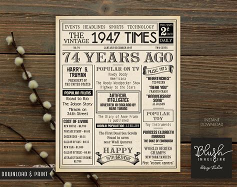 74 Birthday Poster 74th Birthday Sign 1947 Birthday - Etsy