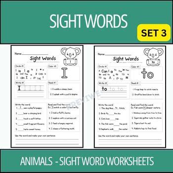 Animals Sight Words Practice Worksheets and Activities - Set 3 | TPT