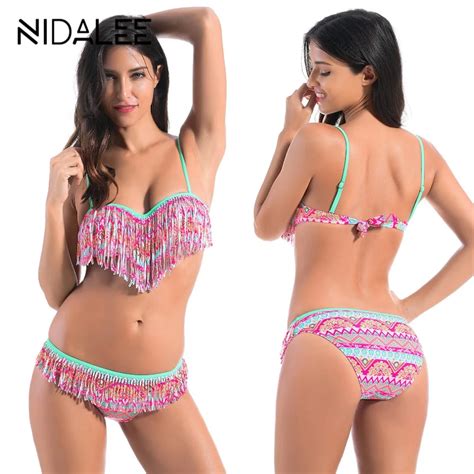 Two Piece Halter Top Bikini Set Print Fringe Women Swimwear 2017 Pushup