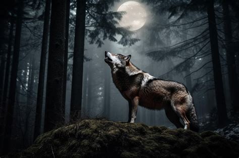 Premium AI Image | A wolf howling in a dark forest with a full moon in ...