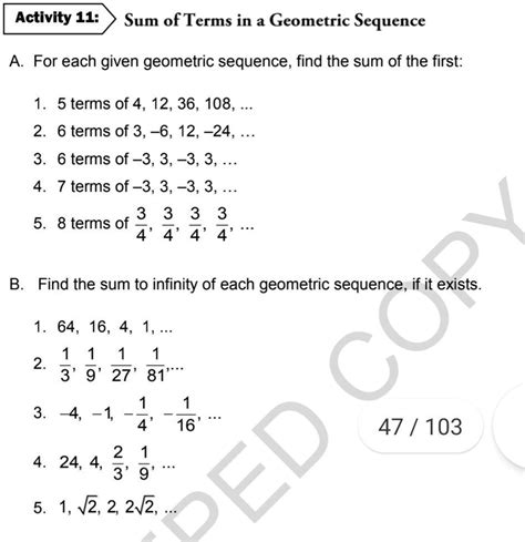 SOLVED: "pahelp po thank you Activity 11: Sum of Terms in a Geometric Sequence A For each given ...