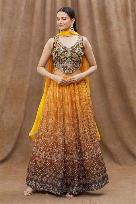 Buy Aryavir Malhotra Yellow Bandhani Print Lehenga Set Online Aza