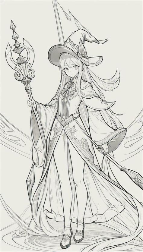 AI generated Anime Wizard Girl Line Art Drawing Sketch Black and White Simple Background ...