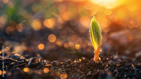 A Tender Green Sprout Breaking Through The Soil S Surface Under The