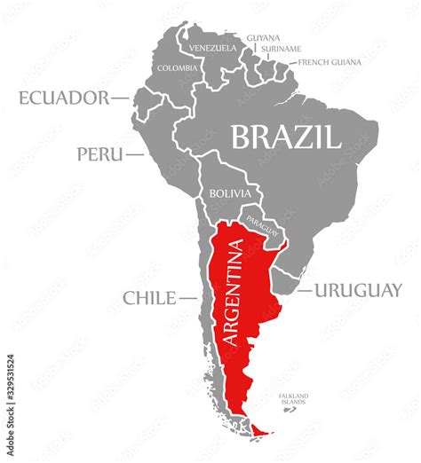 Argentina red highlighted in continent map of South America Stock ...