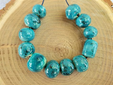 12 Turquoise Glazed Ceramic Beads Etsy