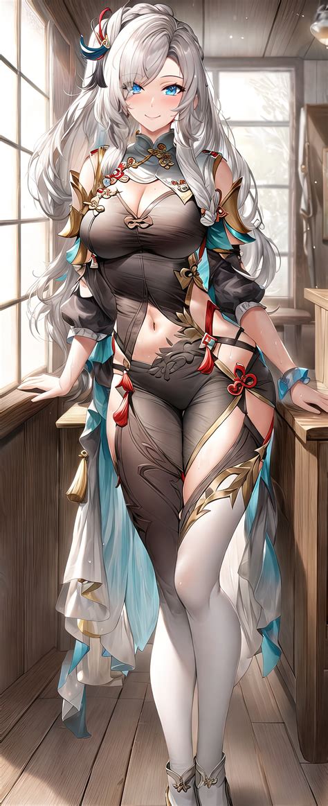 Boobs Cleavage Belly Button Smiling Anime Shenhe Genshin Impact