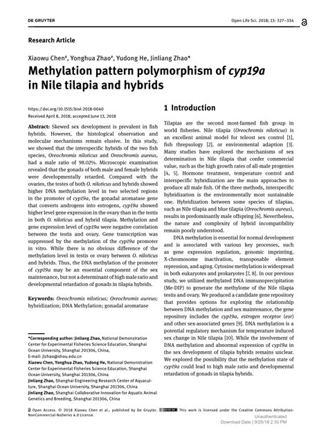 Pdf Methylation Pattern Polymorphism Of Cyp19a In Nile Tilapia And