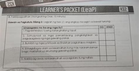 Gawain Sa Pagkatuto Bilang Lagyan Ng Tsek Ang Angkop Na Sagot Sa