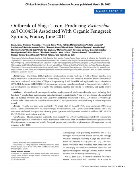 Pdf Outbreak Of Shiga Toxin Producing Escherichia Coli O104h4