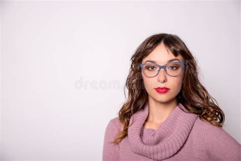 Beauty Fashion Model Girl Wearing Blue Glasses On White Backgroundyoung Brunette Woman With