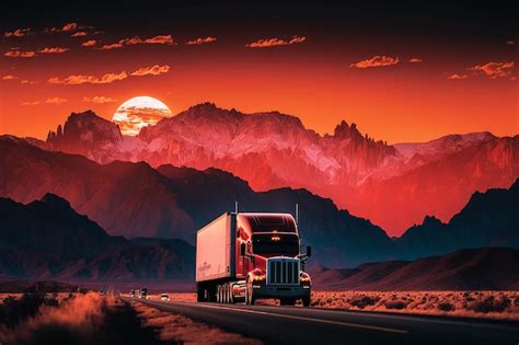 Premium Photo Large Red Truck Driving Highway Sunset And Mountains In