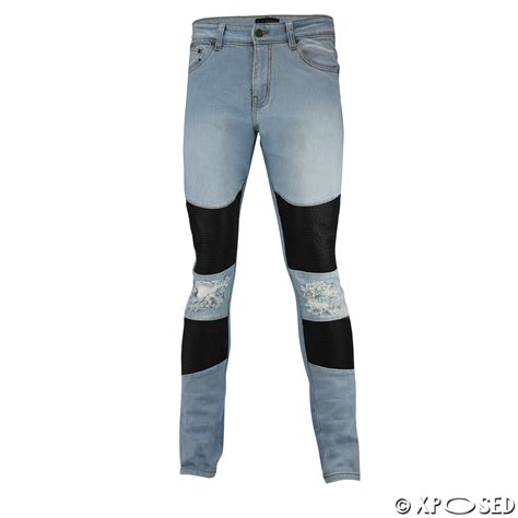 Mens Blue Skinny Jeans Leather Look Knee Biker Panels Super Stretch