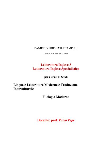 Paniere Letteratura Inglese Letteratura Inglese Docente Prof