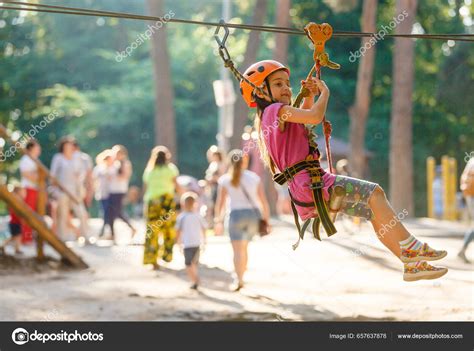 Happy School Girl Enjoying Activity Climbing Adventure Park Summer Day