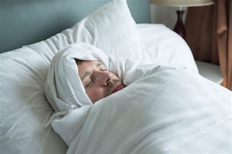 Handsome Caucasian Guy in Bed Sleeping Home Stock Photo - Image of face ...