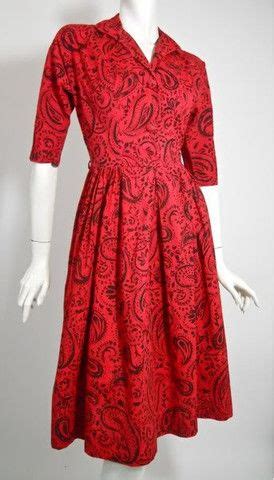 Red And Black Paisley Print Shirtwaist Dress Circa 1950s Vintage