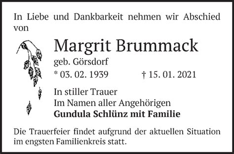 Traueranzeigen Von Margrit Brummack M Rkische Onlinezeitung Trauerportal