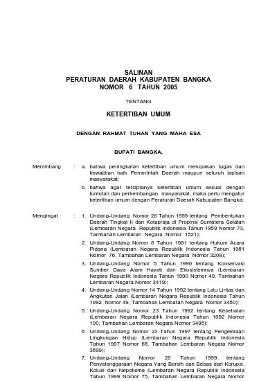 Salinan Peraturan Daerah Kabupaten Bangka Nomor 6 Tahun 2005 Ketertiban