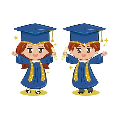 Niños graduados felices con toga y birrete azul Vector Premium