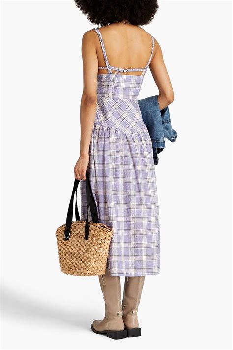 Ganni Gathered Checked Cotton Blend Seersucker Midi Dress The Outnet