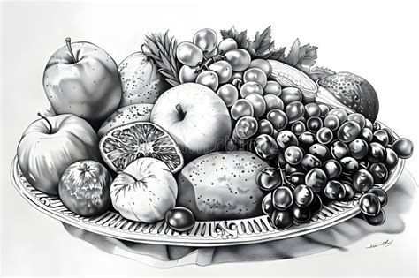 Monochrome Fruit Platter Pencil Sketch with Realistic Textures Illustration Stock Illustration ...