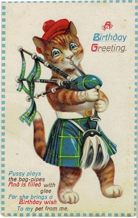 Artist Old Postcard Anthropomorphic Cat Playing Bagpipes Scots Tartan