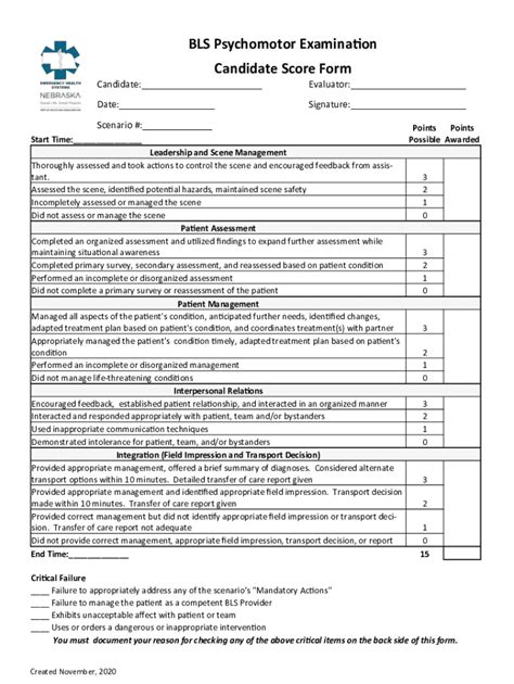 Fillable Online Dhhs Ne BLS Psychomotor Examination Candidate Score