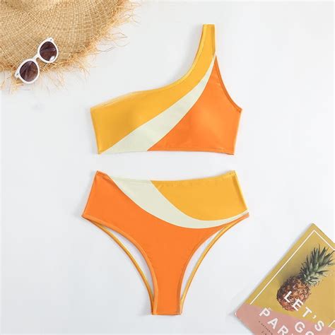 HHH New Patchwork One Shoulder Sexy Bikini Women S Split Two Piece Suit Swimsuit Chest Pad