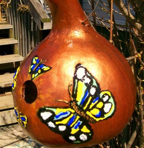 Handpainted Gourd Birdhouse Butterflies On Bronze Etsy Gourds