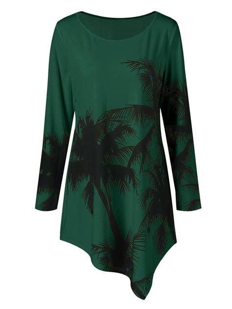 Green 2xl Long Sleeve Plus Size Palm Print Asymmetrical T Shirt