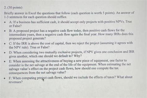 Solved 2 30 Points Briefly Answer In Excel The Questions