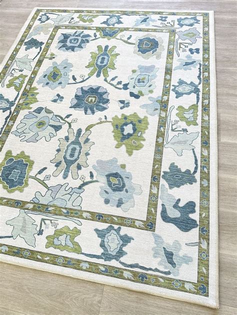 Lulus Green Oushak Rug Vintage Turkish Eclectic Floral Pastel Etsy