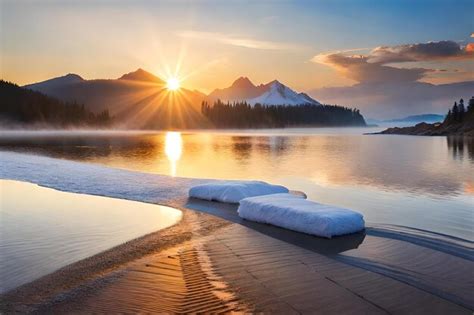 Premium Photo | A sunrise over a lake with snow covered mountains in ...