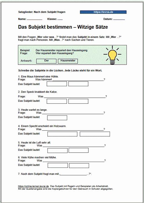 Subjekt Arbeitsbl Tter Mit L Sungen