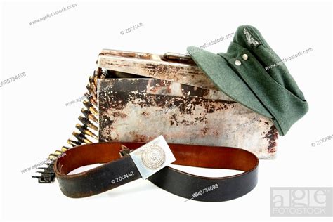 Machine Gun Tape In Box Of Kepi And Belt German Soldier Stock Photo