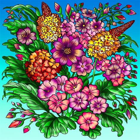 a bouquet of flowers on a blue background with butterflies in the sky ...