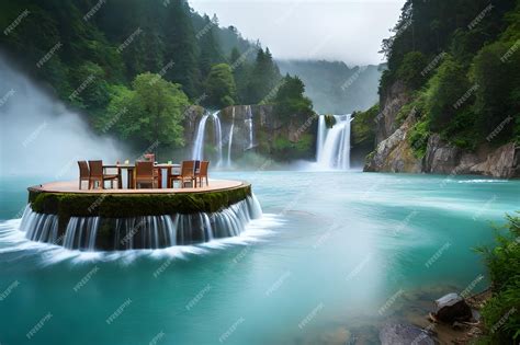 Premium Ai Image A Waterfall With Chairs And A Table In Front Of A