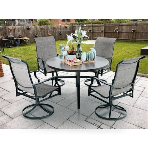 Phi Villa Black 5 Piece Metal Outdoor Patio Dining Set With Wood Look