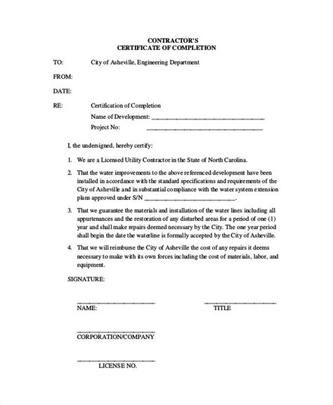 Construction Certificate Of Completion Template